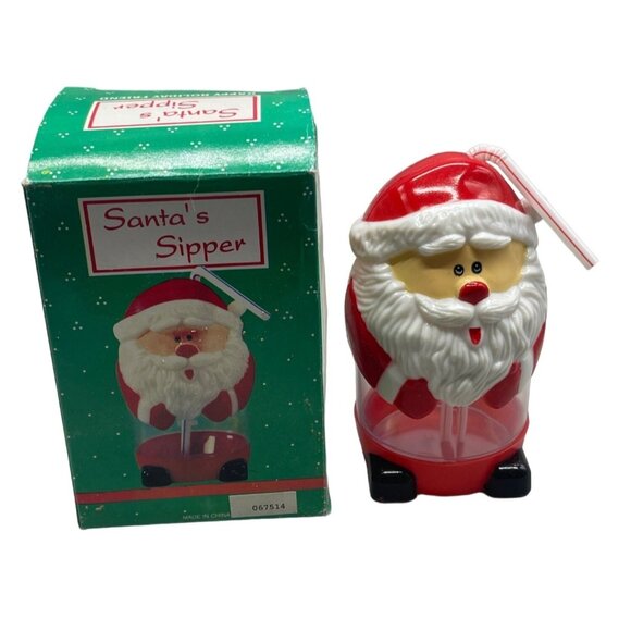 gift craft Santa's sipper cup with straw plastic red white handle READ used see - Picture 1 of 7